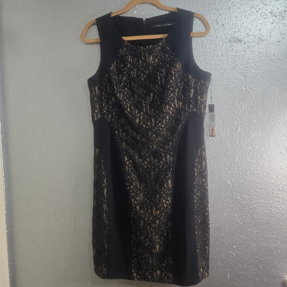 Ivanka Trump Black Gold Lace Sheath Dress Sleeveless ID3I0S10 Size 10 NWT